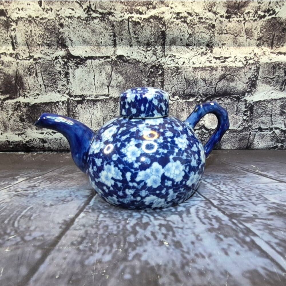 Vintage Floral Blue and White Teapot